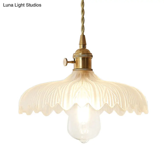 Brass Scalloped Pendant Ceiling Light With Frosted Glass - Farmhouse Style 1-Light Hanging Lamp For