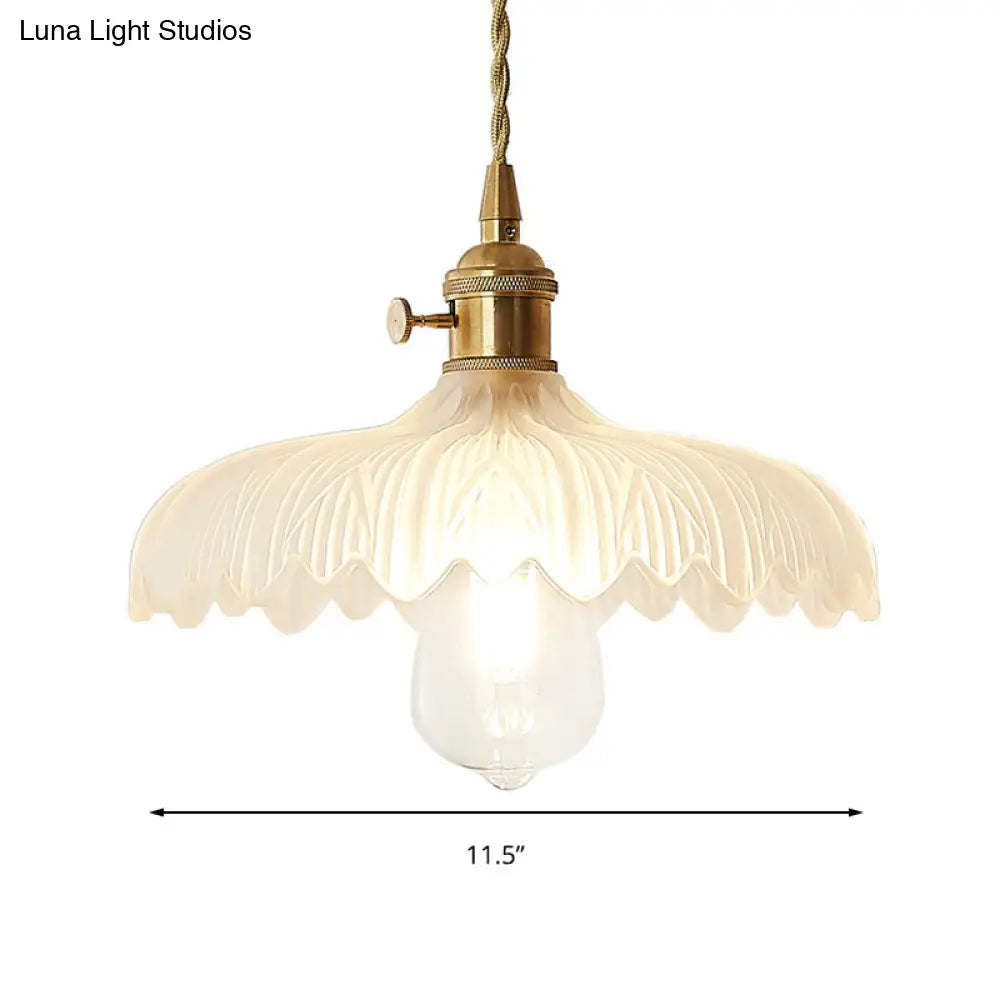 Brass Scalloped Pendant Ceiling Light With Frosted Glass For Living Room - Farmhouse Hanging Lamp