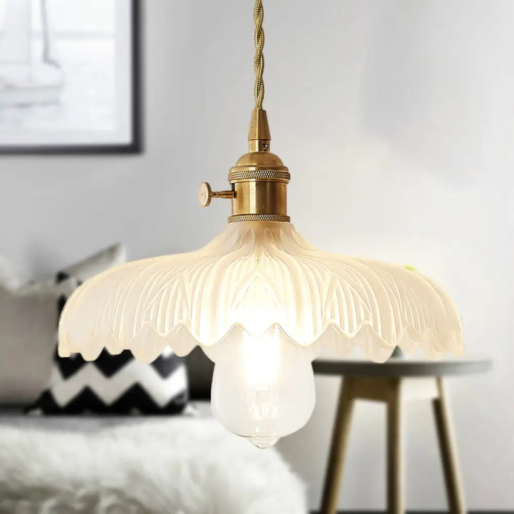 Brass Scalloped Pendant Ceiling Light With Frosted Glass - Farmhouse Style 1-Light Hanging Lamp For