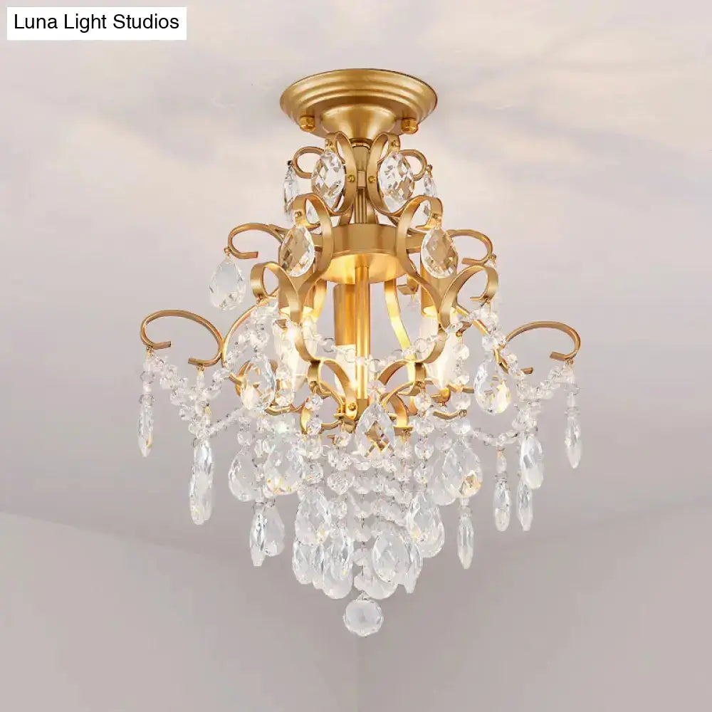 Brass Scrolled Arm Semi-Flush Light With Crystal Draping