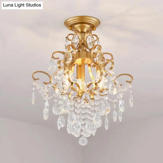 Brass Scrolled Arm Semi-Flush Light With Crystal Draping