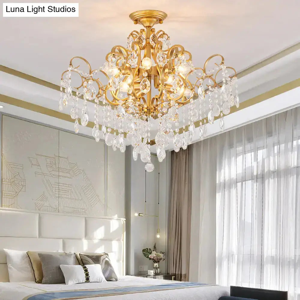 Brass Scrolled Arm Semi-Flush Light With Crystal Draping