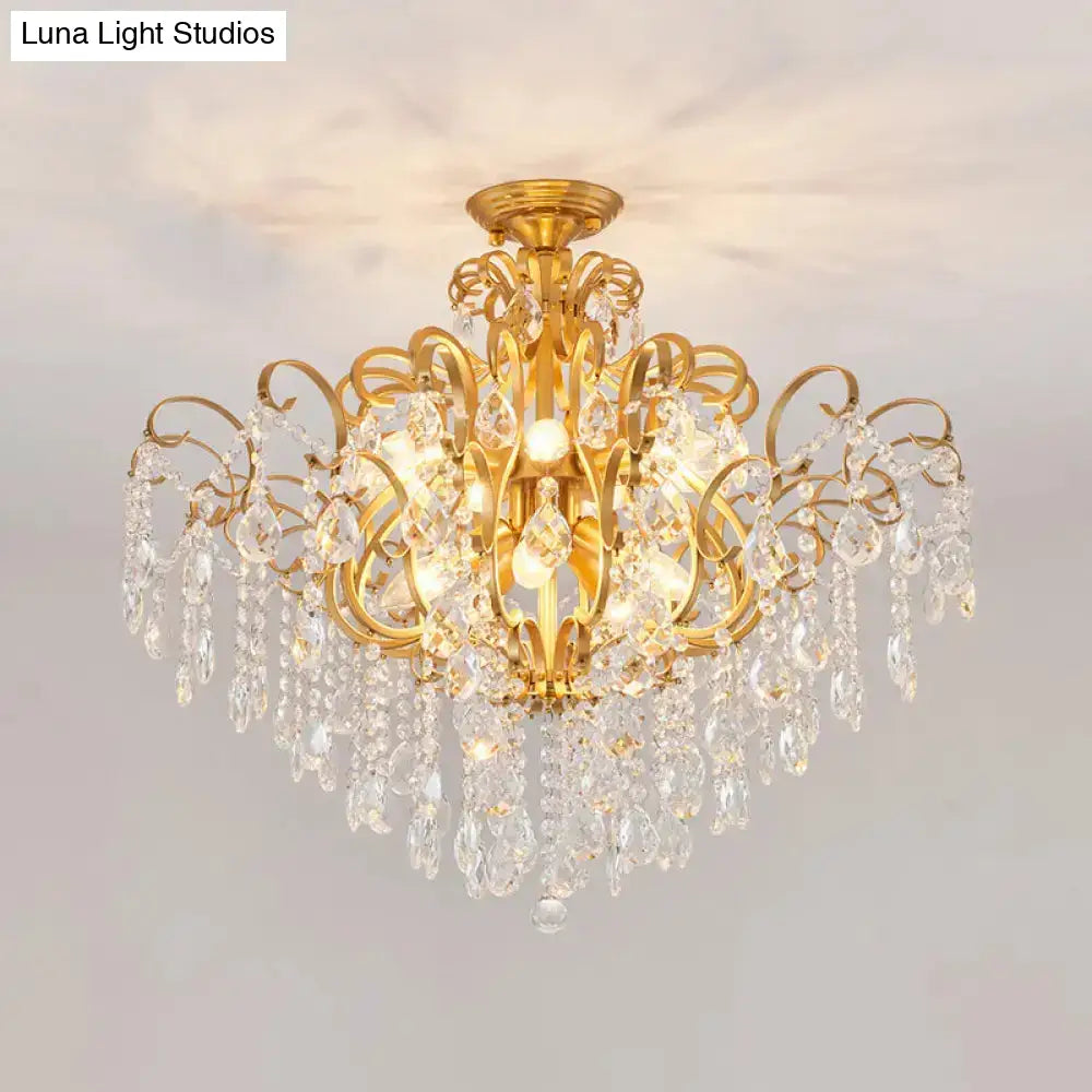 Brass Scrolled Arm Semi-Flush Light With Crystal Draping