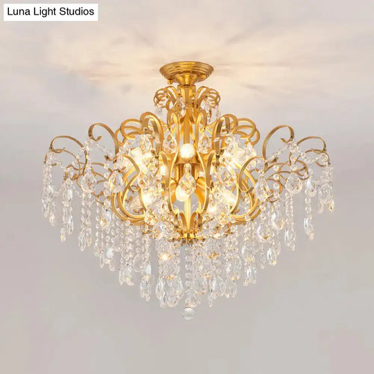 Brass Scrolled Arm Semi-Flush Light With Crystal Draping