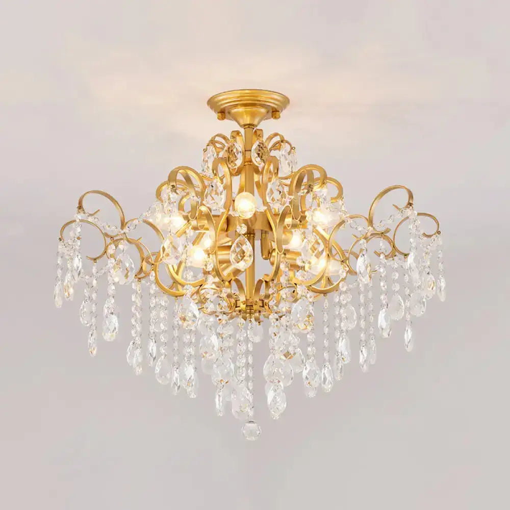 Brass Scrolled Arm Semi-Flush Light With Crystal Draping 8 /