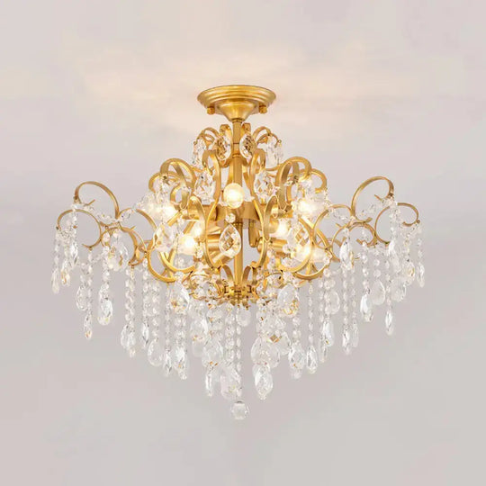 Brass Scrolled Arm Semi-Flush Light With Crystal Draping 8 /