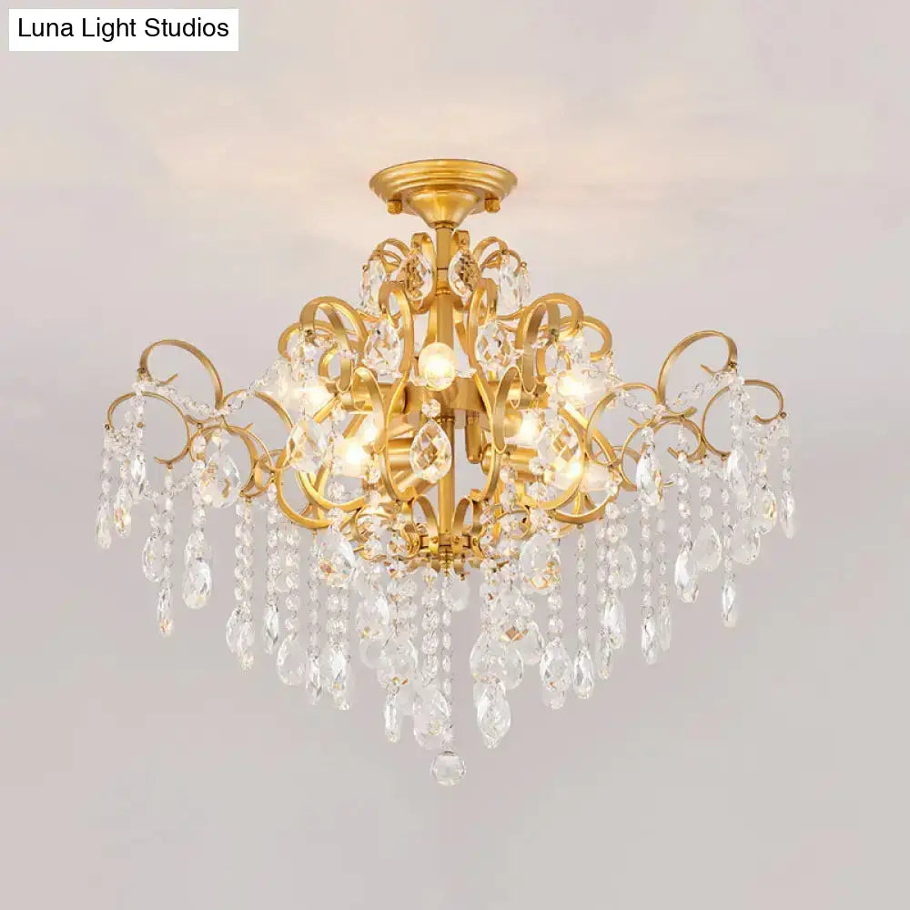 Brass Scrolled Arm Semi-Flush Light With Crystal Draping