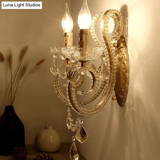 Brass Scrolled Arm Wall Lighting With Dropping Crystals - Traditional Metal Mount Fixture