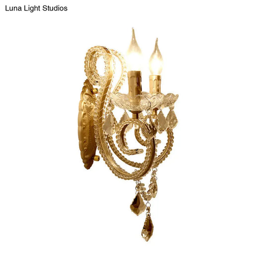 Brass Scrolled Arm Wall Lighting With Dropping Crystals - Traditional Metal Mount Fixture