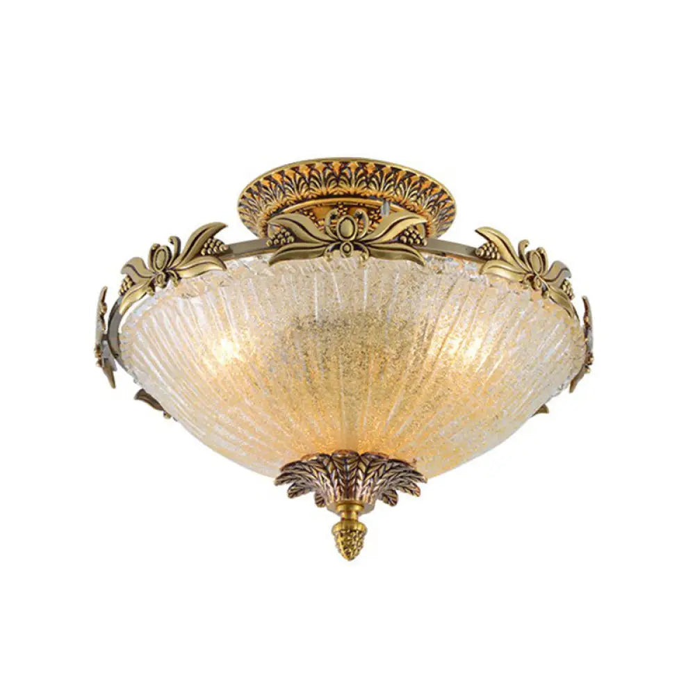 Brass Semi - Flush Antiqued Bowl Light With Clear Variegated Glass / 12.5’