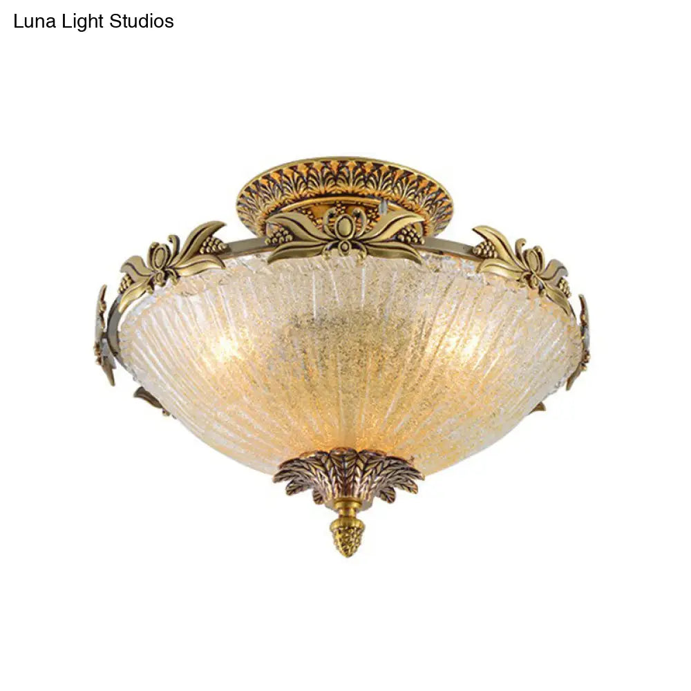 Brass Semi-Flush Antiqued Bowl Light With Clear Variegated Glass / 12.5