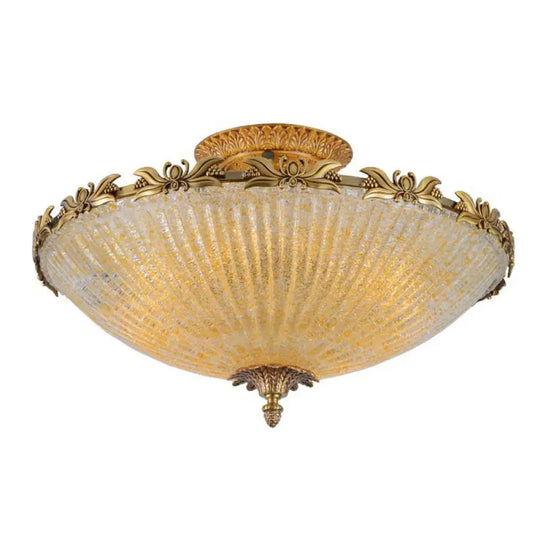 Brass Semi - Flush Antiqued Bowl Light With Clear Variegated Glass / 20.5’