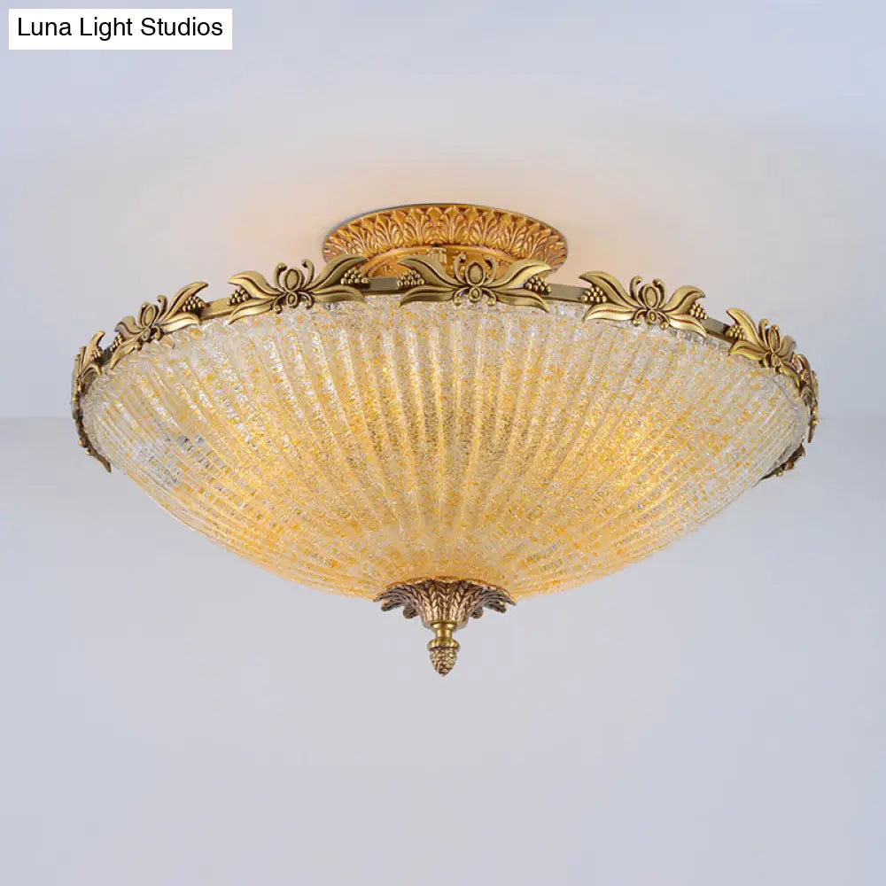 Brass Semi - Flush Antiqued Bowl Light With Clear Variegated Glass