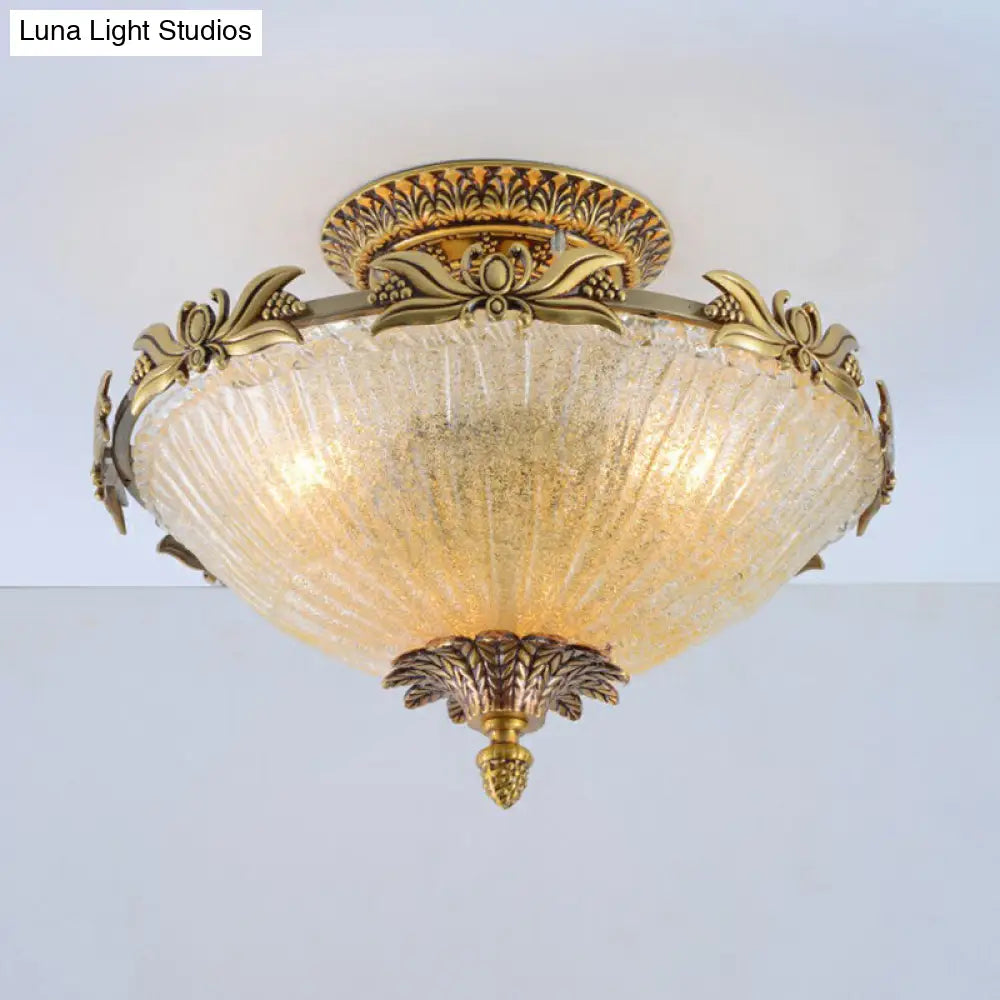 Brass Semi-Flush Antiqued Bowl Light With Clear Variegated Glass