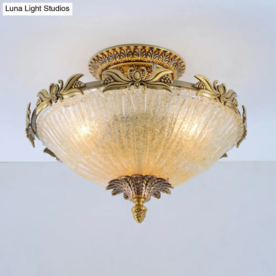 Brass Semi-Flush Antiqued Bowl Light With Clear Variegated Glass