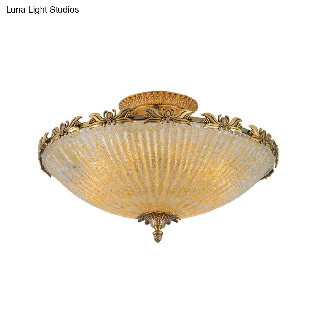 Brass Semi-Flush Antiqued Bowl Light With Clear Variegated Glass / 16.5