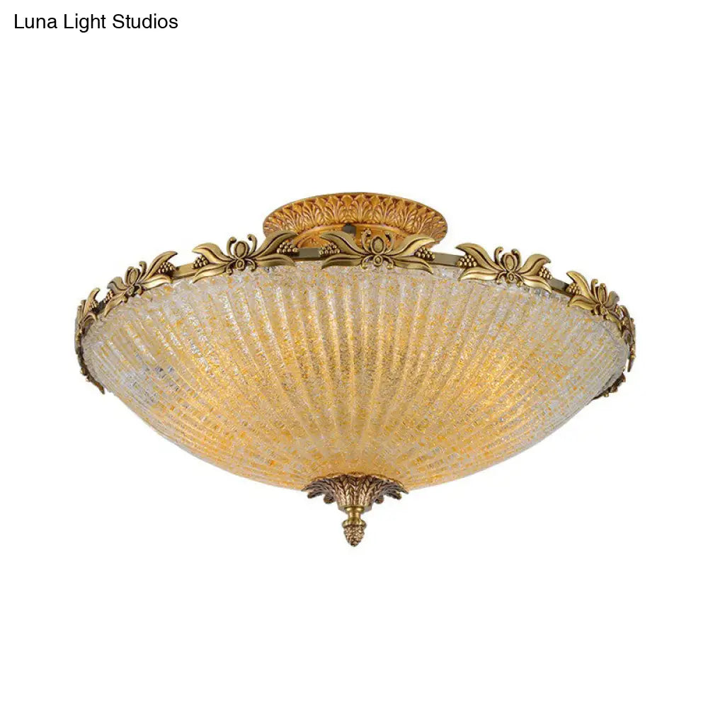 Brass Semi - Flush Antiqued Bowl Light With Clear Variegated Glass
