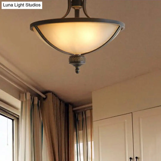 Brass Semi Flush Ceiling Light Fixture With 3 Frost Glass Bowls - Traditional Design