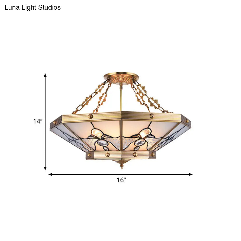 Brass Semi-Flush Ceiling Light With Beveled Frosted Glass - 4 Lights Bedroom Chandelier 16/19.5 W