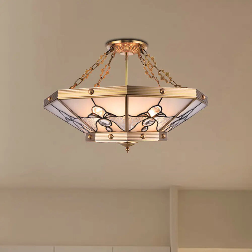 Brass Semi-Flush Ceiling Light With Beveled Frosted Glass - 4 Lights Bedroom Chandelier
