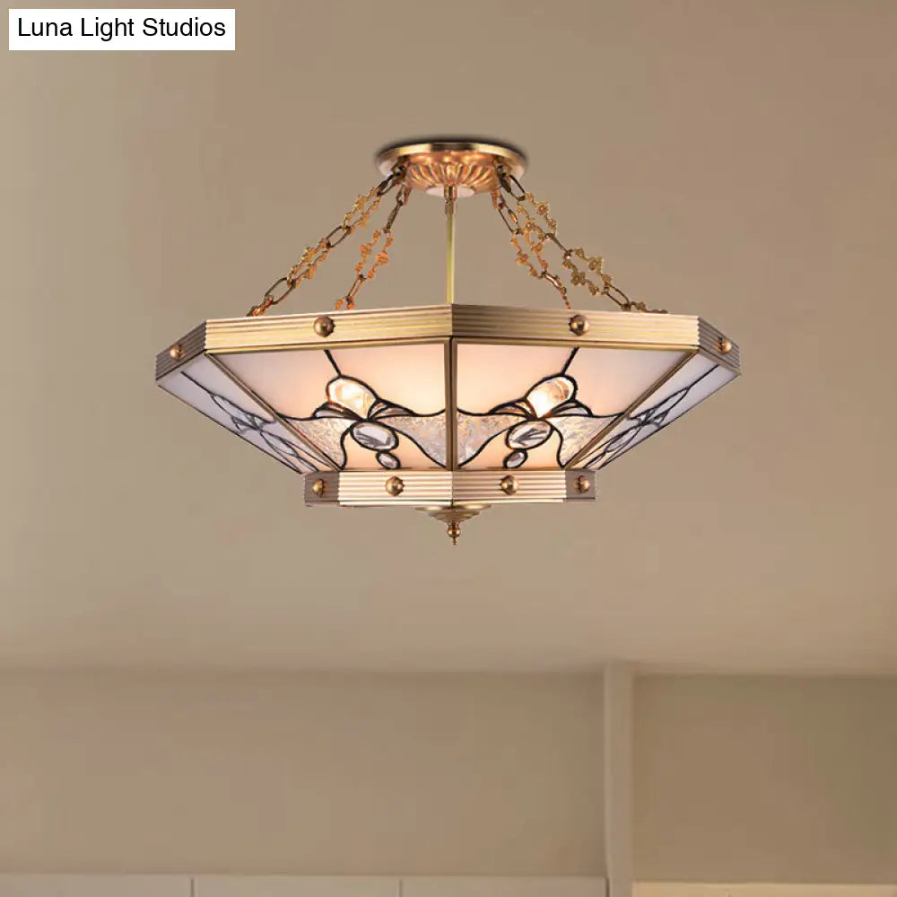 Brass Semi-Flush Ceiling Light With Beveled Frosted Glass - 4 Lights Bedroom Chandelier 16/19.5 W /