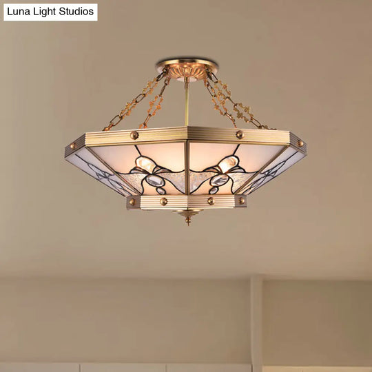 Brass Semi-Flush Ceiling Light With Beveled Frosted Glass - 4 Lights Bedroom Chandelier 16/19.5 W /