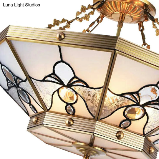 Brass Semi-Flush Ceiling Light With Beveled Frosted Glass - 4 Lights Bedroom Chandelier 16/19.5 W