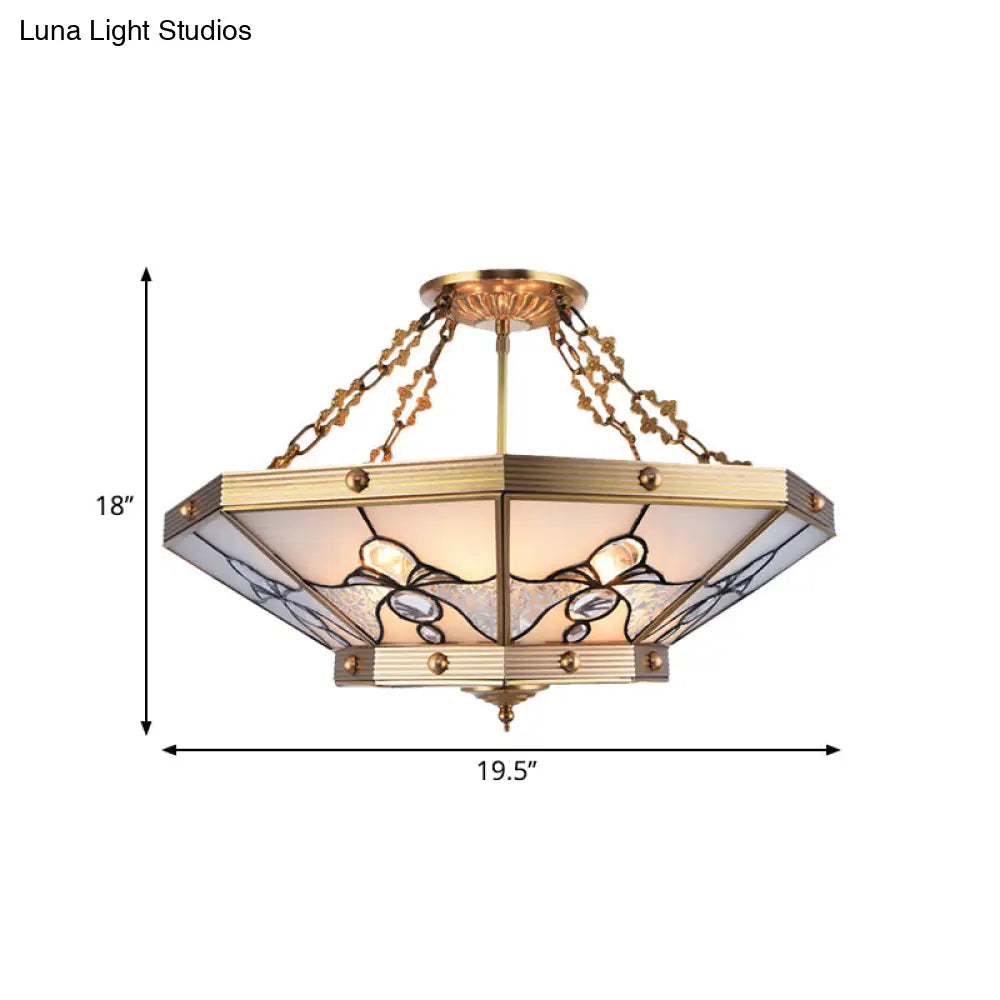 Brass Semi-Flush Ceiling Light With Beveled Frosted Glass - 4 Lights Bedroom Chandelier 16’/19.5’ W