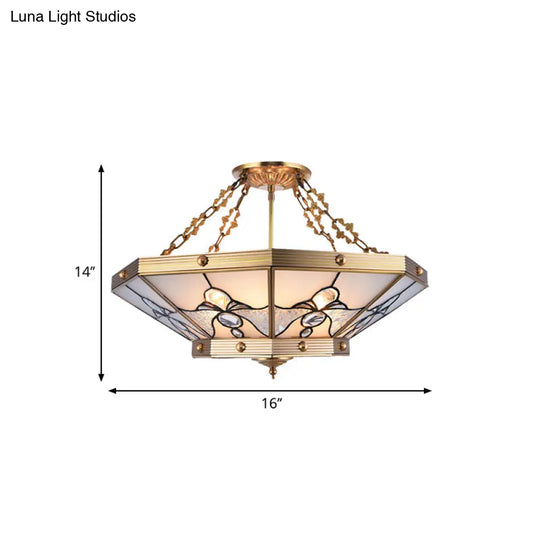 Brass Semi-Flush Ceiling Light With Beveled Frosted Glass - 4 Lights Bedroom Chandelier 16’/19.5’ W