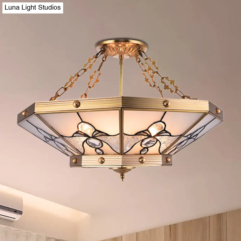 Brass Semi-Flush Ceiling Light With Beveled Frosted Glass - 4 Lights Bedroom Chandelier 16’/19.5’ W