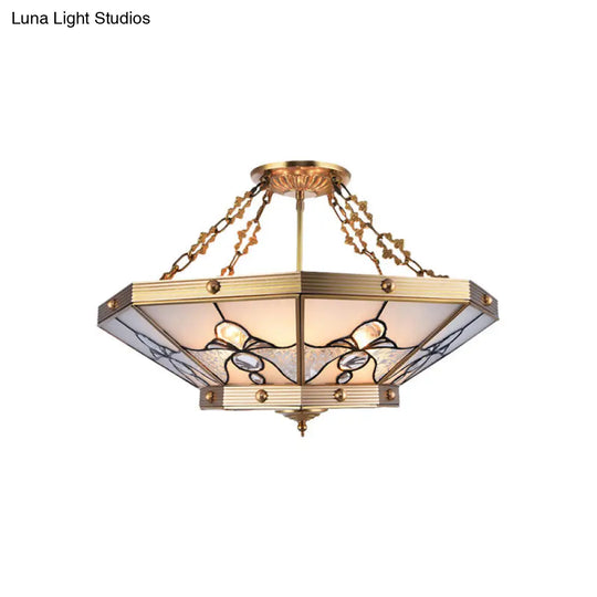 Brass Semi-Flush Ceiling Light With Beveled Frosted Glass - 4 Lights Bedroom Chandelier 16/19.5 W