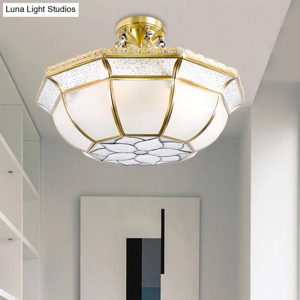 Brass Semi Flush Ceiling Light With Opal Blown Glass Dome - 4 Lights Colonial Design Ideal For