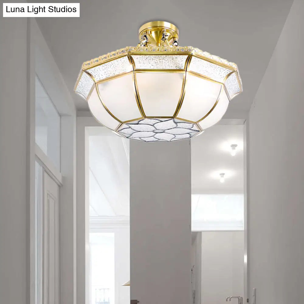 Brass Semi Flush Ceiling Light With Opal Blown Glass Dome - 4 Lights Colonial Design Ideal For