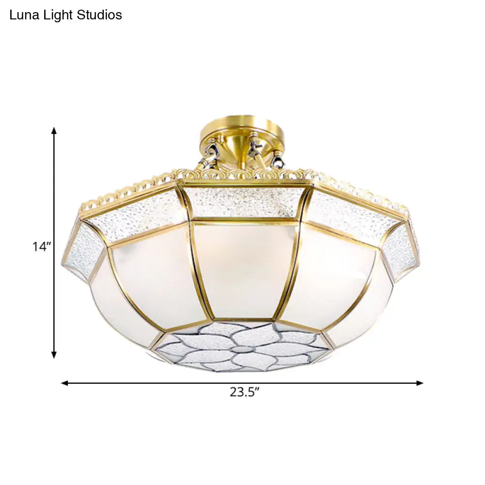 Brass Semi Flush Ceiling Light With Opal Blown Glass Dome - 4 Lights Colonial Design Ideal For