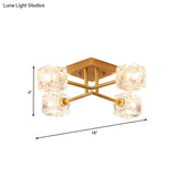 Brass Semi Flush Crystal Bedroom Ceiling Light - Contemporary Square Design 4/6 Fixture