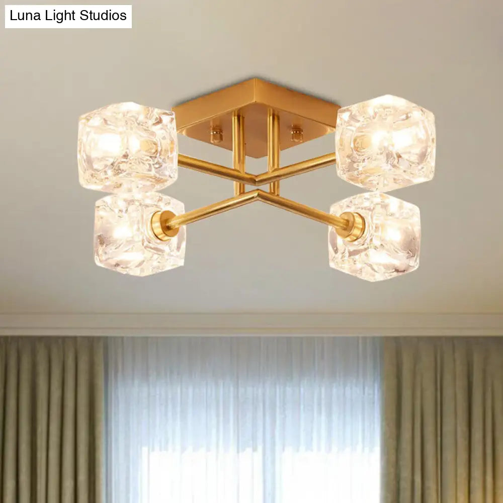 Brass Semi Flush Crystal Bedroom Ceiling Light - Contemporary Square Design 4/6 Fixture 4 /