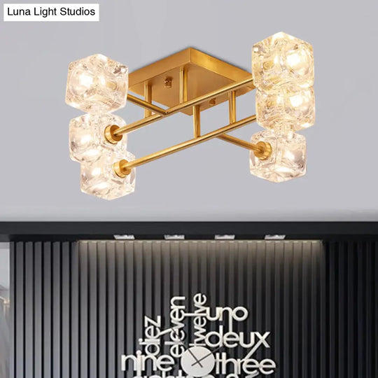 Brass Semi Flush Crystal Bedroom Ceiling Light - Contemporary Square Design 4/6 Fixture