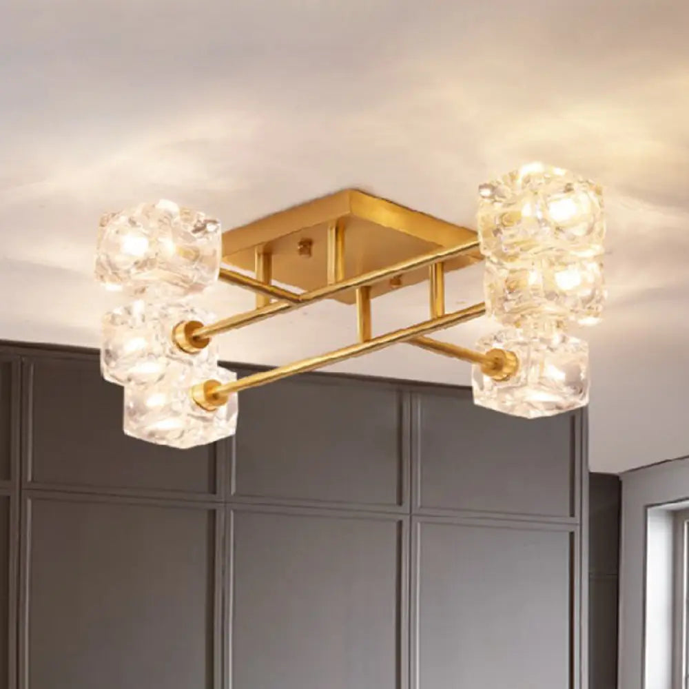 Brass Semi Flush Crystal Bedroom Ceiling Light - Contemporary Square Design 4/6 Fixture 6 /
