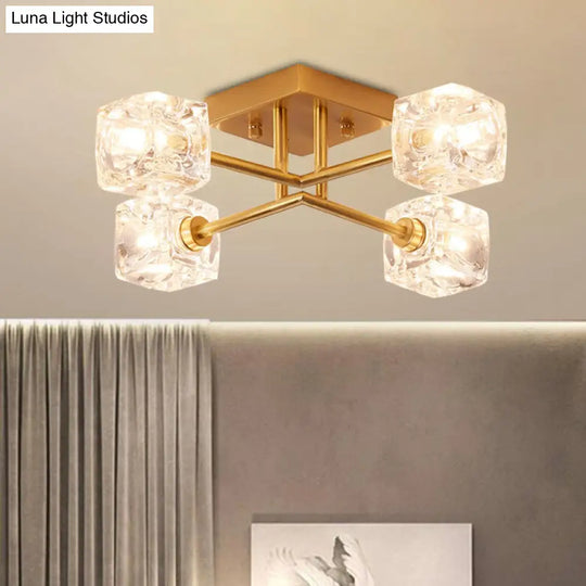 Brass Semi Flush Crystal Bedroom Ceiling Light - Contemporary Square Design 4/6 Fixture
