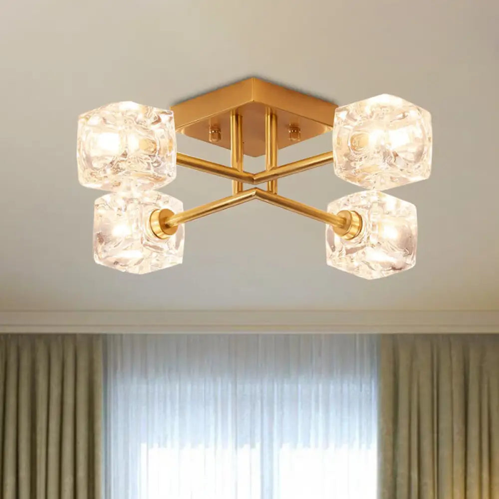 Brass Semi Flush Crystal Bedroom Ceiling Light - Contemporary Square Design 4/6 Fixture 4 /