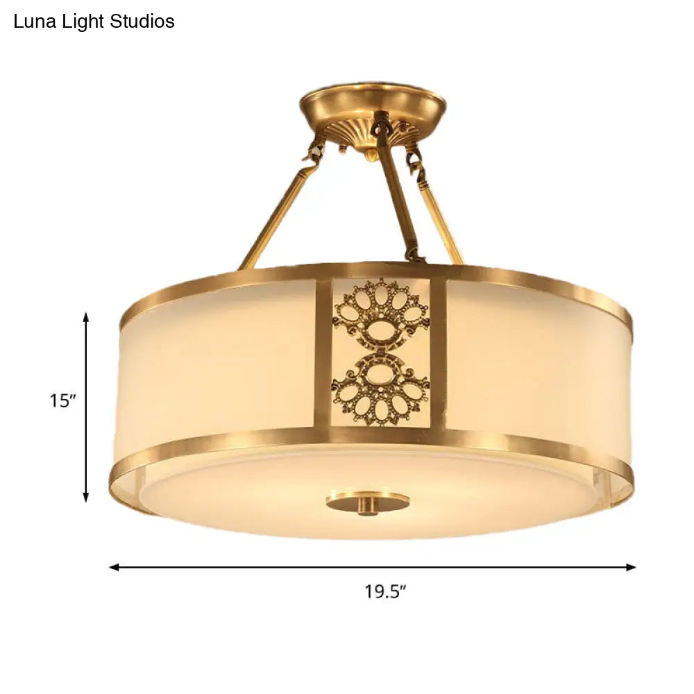 Brass Semi Flush Light Retro Sandblasted Glass Drum Ceiling Fixture For Living Room - 16/19.5 Width