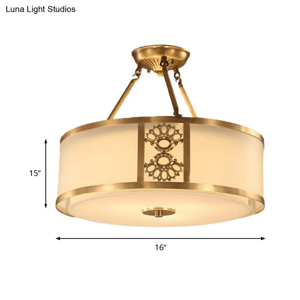 Brass Semi Flush Light Retro Sandblasted Glass Drum Ceiling Fixture For Living Room - 16/19.5 Width