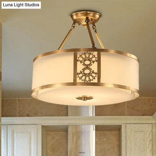 Brass Semi Flush Light Retro Sandblasted Glass Drum Ceiling Fixture For Living Room - 16’/19.5’