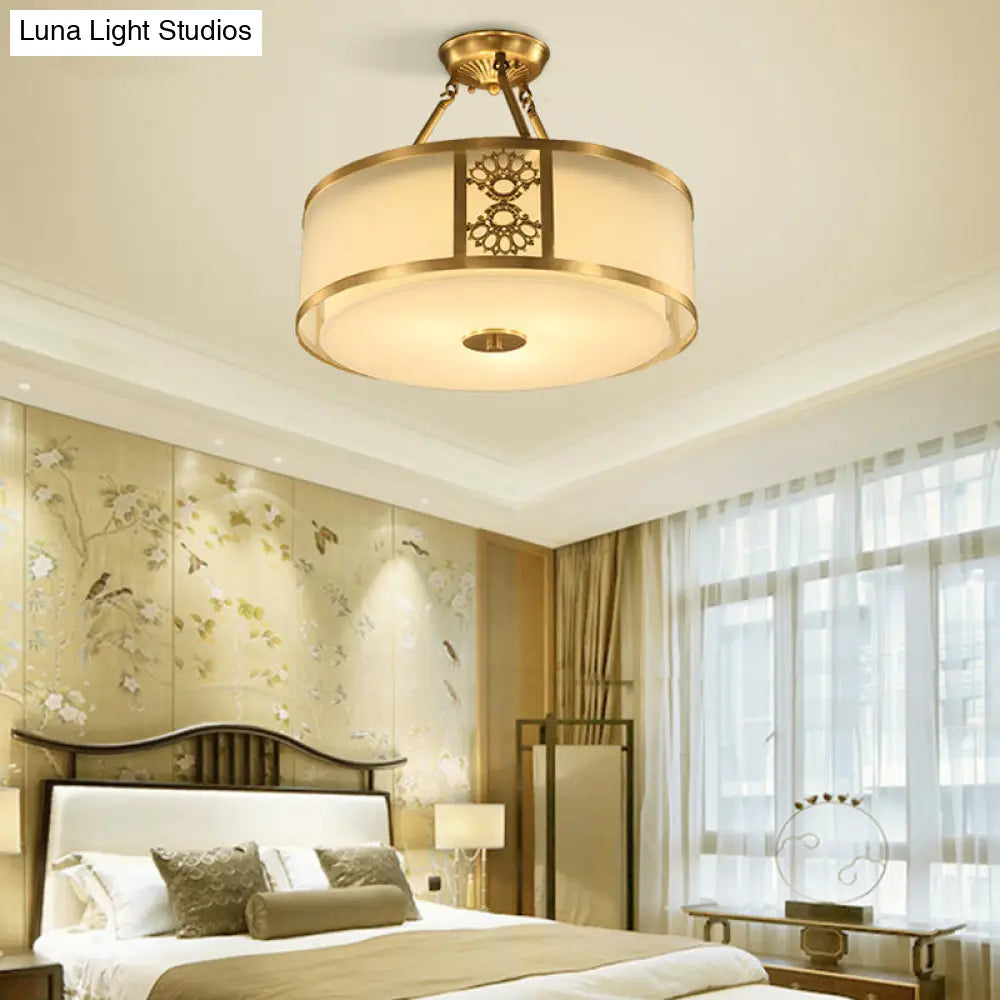 Brass Semi Flush Light Retro Sandblasted Glass Drum Ceiling Fixture For Living Room - 16’/19.5’