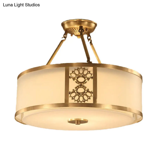 Brass Semi Flush Light Retro Sandblasted Glass Drum Ceiling Fixture For Living Room - 16’/19.5’