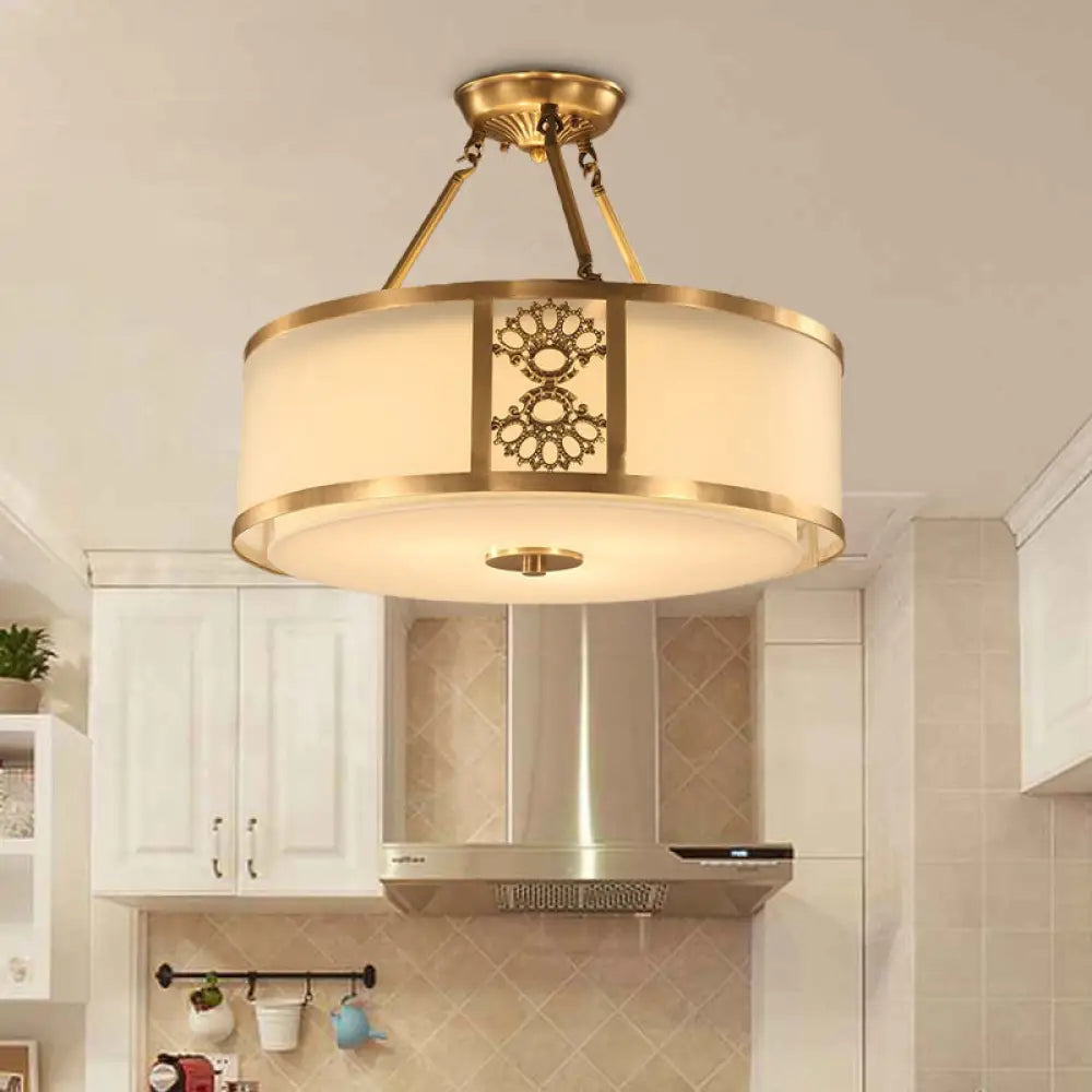 Brass Semi Flush Light Retro Sandblasted Glass Drum Ceiling Fixture For Living Room - 16’/19.5’