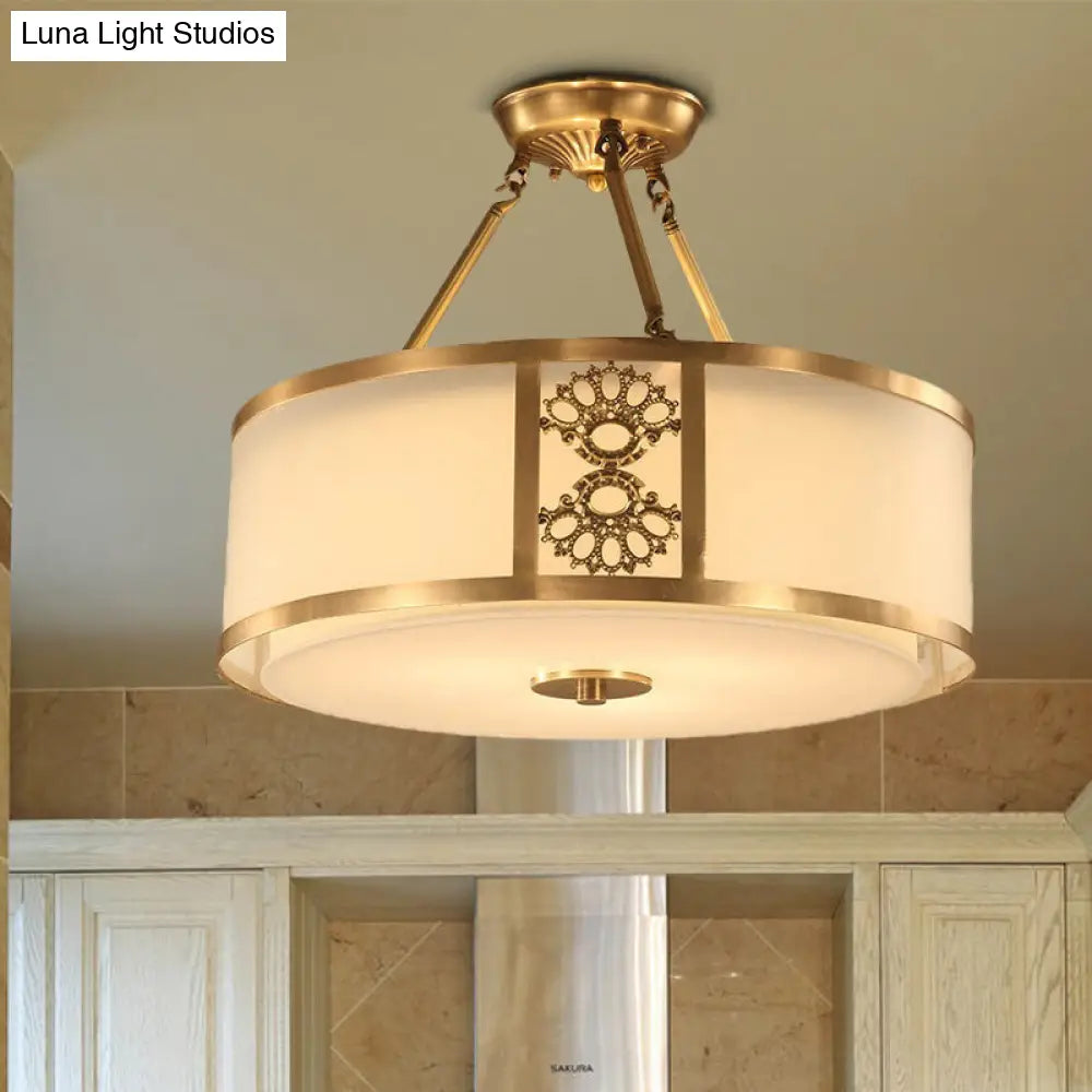 Brass Semi Flush Light Retro Sandblasted Glass Drum Ceiling Fixture For Living Room - 16/19.5 Width