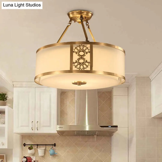 Brass Semi Flush Light Retro Sandblasted Glass Drum Ceiling Fixture For Living Room - 16/19.5 Width