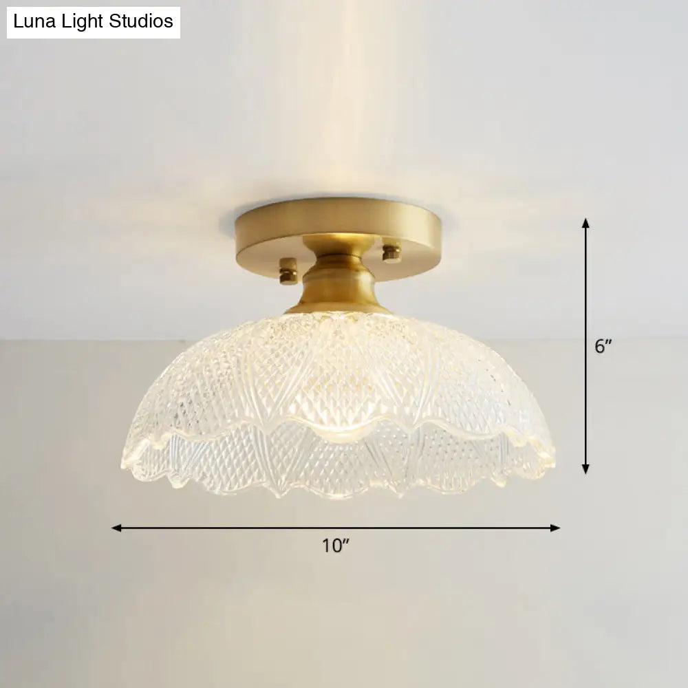 Brass Semi Flush Mount Ceiling Light For Aisle: Textured Glass 1-Light Industrial Style