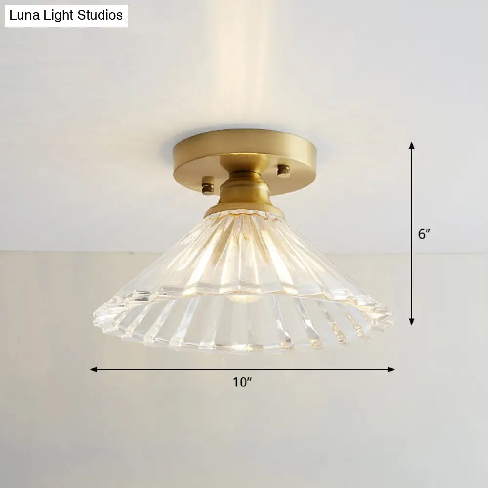 Brass Semi Flush Mount Ceiling Light For Aisle: Textured Glass 1-Light Industrial Style